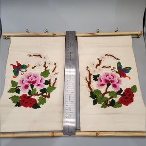 VTG Crewel Embroidery Wall Hangings‎ Set of 2 Flowers Butterflies Bamboo Frames